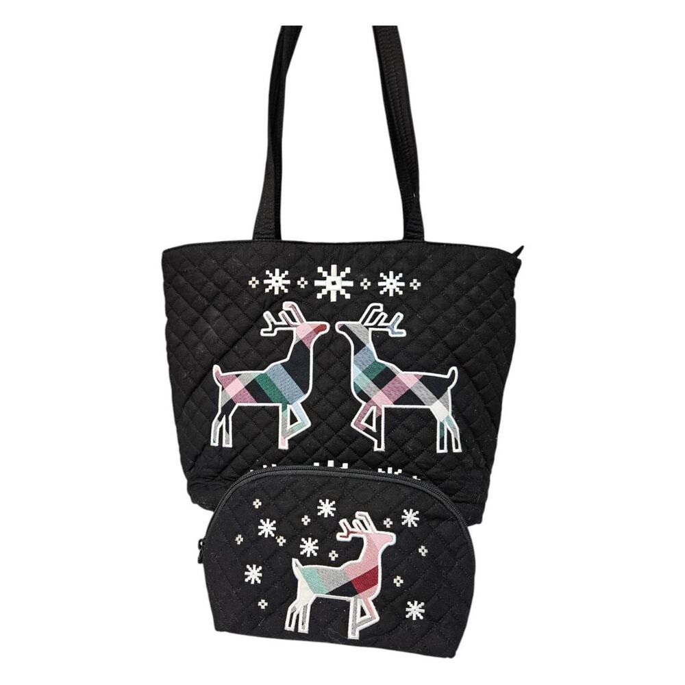 Vera Bradley Black Quilted Tote with Colorful Reindeer and Matching Makeup Bag